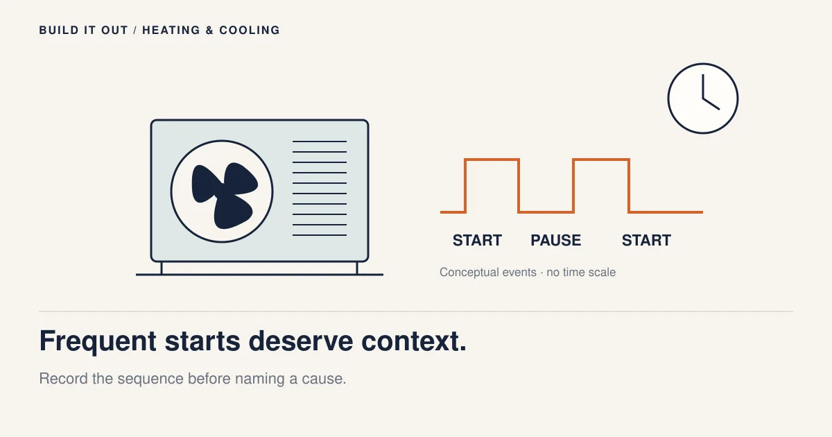 An outdoor AC unit sits beside an unscaled start-pause-start event line and a clock, representing a homeowner observation log without timing thresholds.
