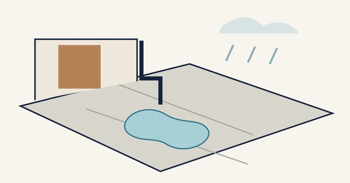 Conceptual concrete patio puddle beside a house with roof discharge and rain