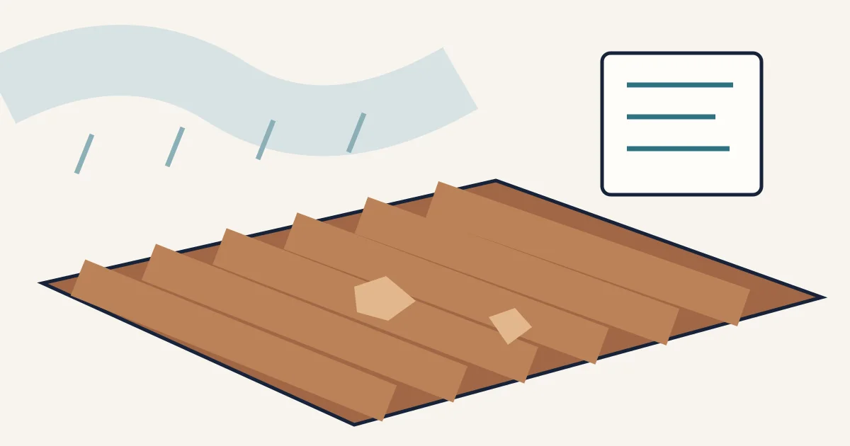 Conceptual deck with peeling patches, rain and an observation notebook