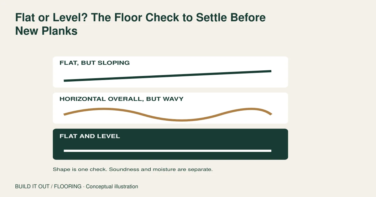 Three conceptual profiles show a flat sloping plane, a horizontal but wavy surface, and a flat level surface.