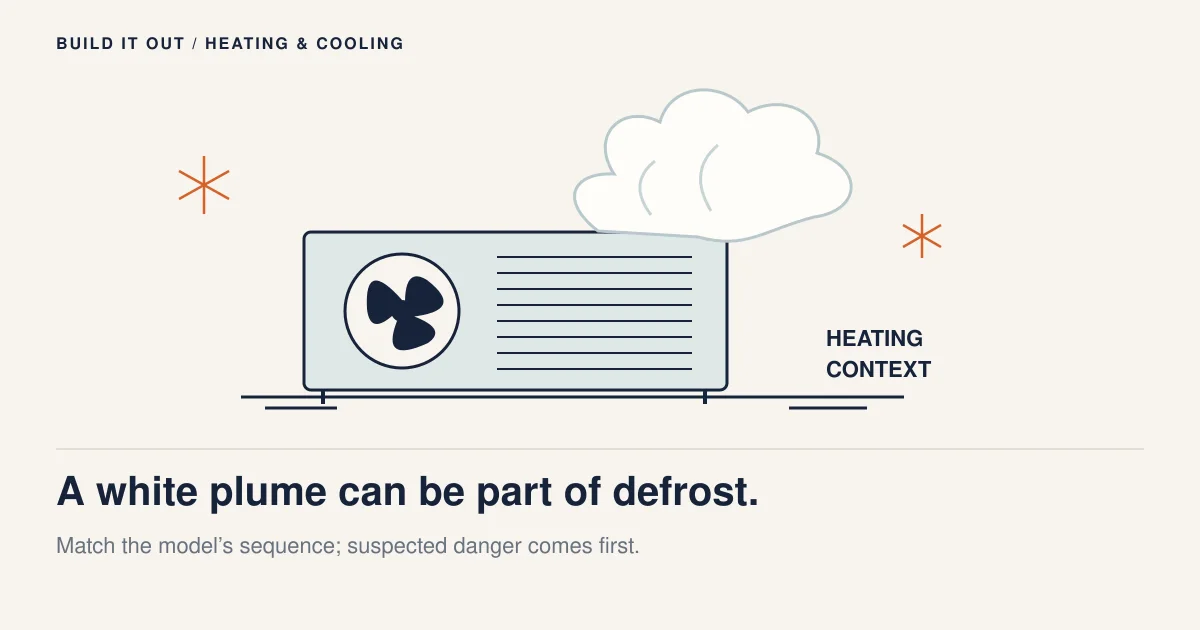 A conceptual outdoor heat-pump unit in cold weather with a pale plume above it; the illustration does not distinguish steam from smoke or establish safe operation.