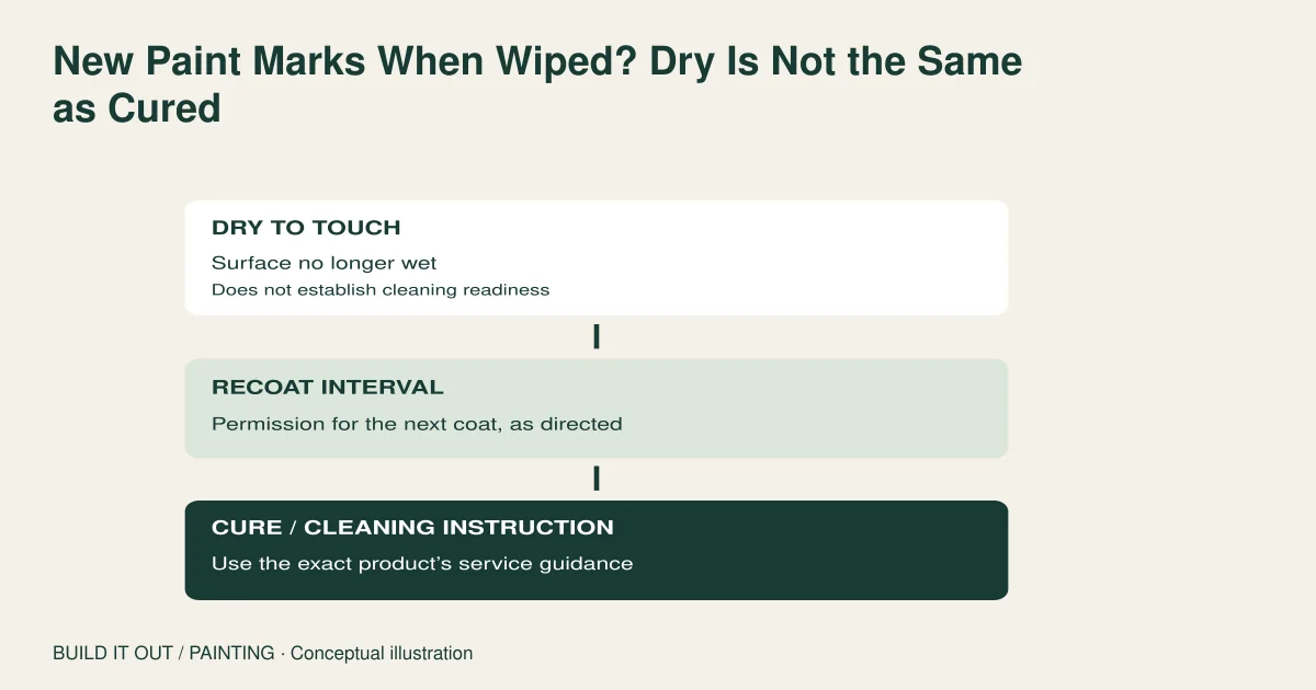 Three separate boxes distinguish touch dryness, recoat interval, and the product-specific cure or cleaning instruction.