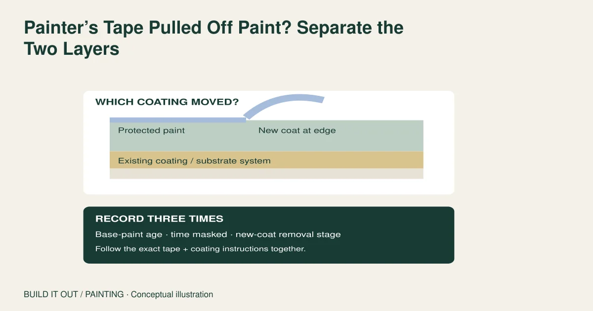 Tape above protected paint meets a new painted edge; the lower existing coating system is separate, with three timing records below.