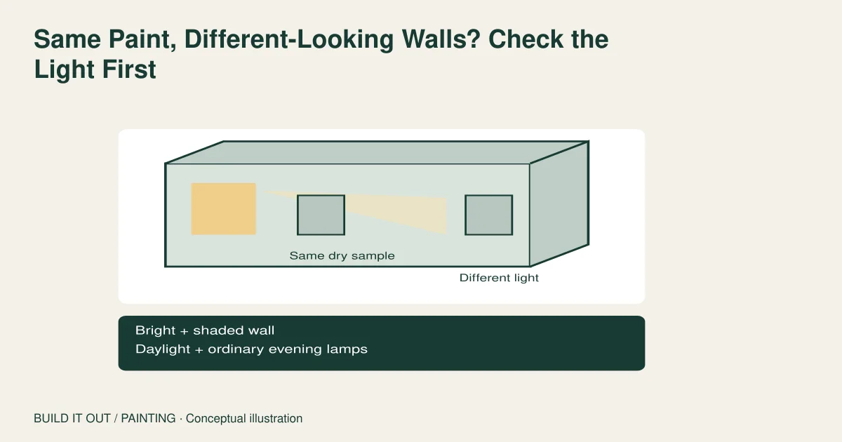 A room sketch shows identical sample cards on a bright wall and a shaded wall; compare each in daylight and evening light.