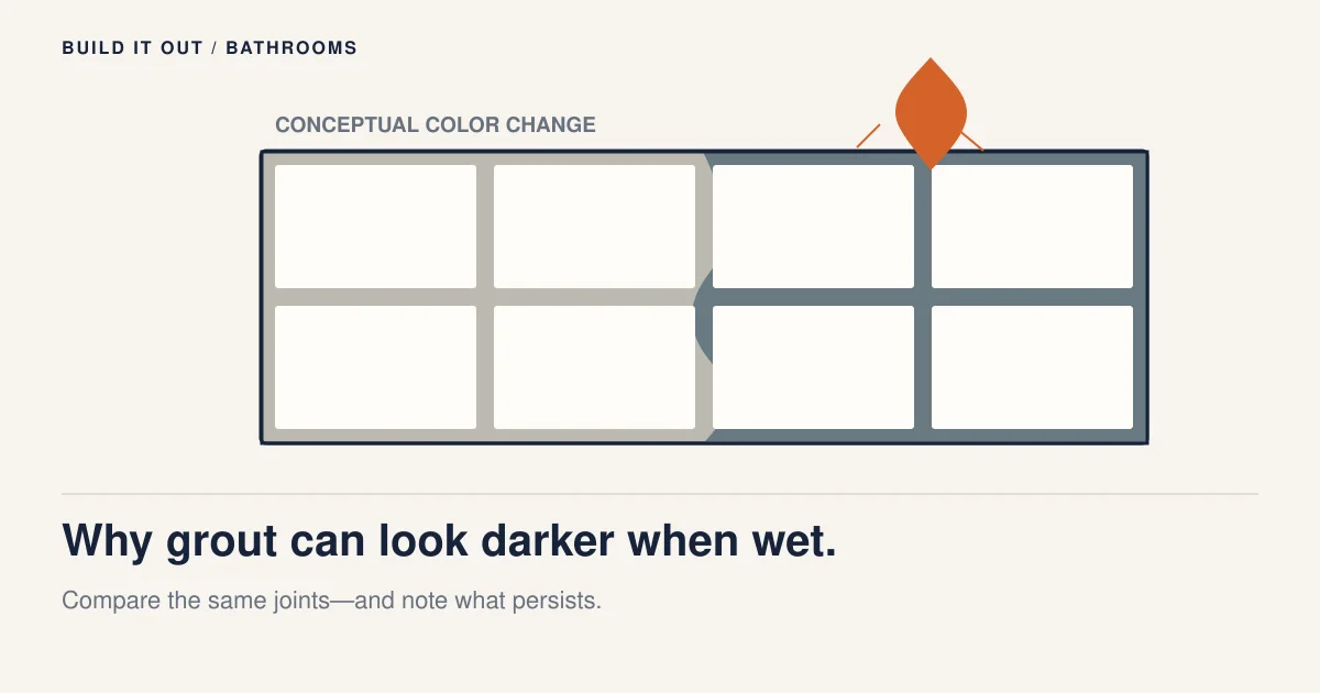 A conceptual tile surface has light grout on one side and a darker wet-looking region beneath a water drop; the colors do not diagnose moisture below the tile or a leak.
